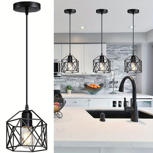 Industrial Farmhouse Pendant Light – Adjustable Metal Cage Fixture for Kitchen