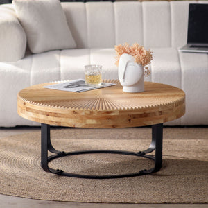 Modern Round Coffee Table with Wooden Carving Pattern and Metal Legs