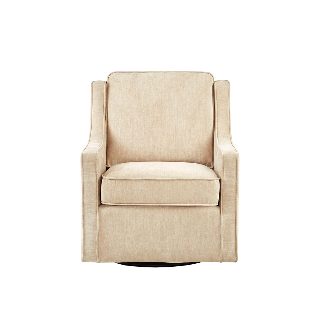 Upholstered Swivel Chair with Curved Armrest and Metal Base