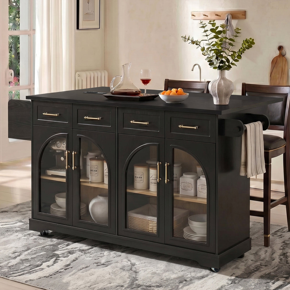K&K 65" Kitchen Island with Storage & Drop Leaf