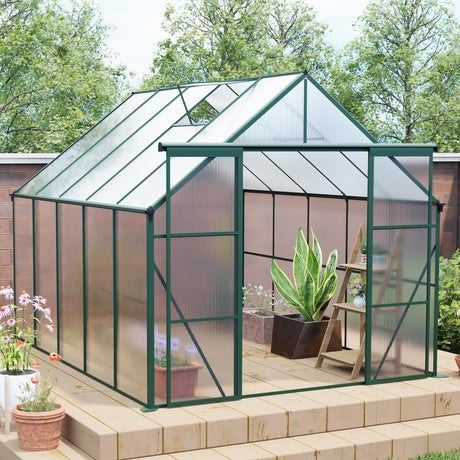 8x10ft-double-door-polycarbonate-greenhouse-raised-base-and-anchor-aluminum-heavy-duty-walk-in-greenhouses-for-all-seasons-,green-greenhouses