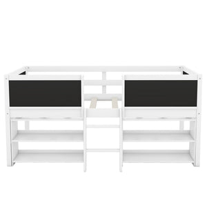 Low Loft Bed With Movable Shelves And Ladder, Decorative Chalkboard Guardrail