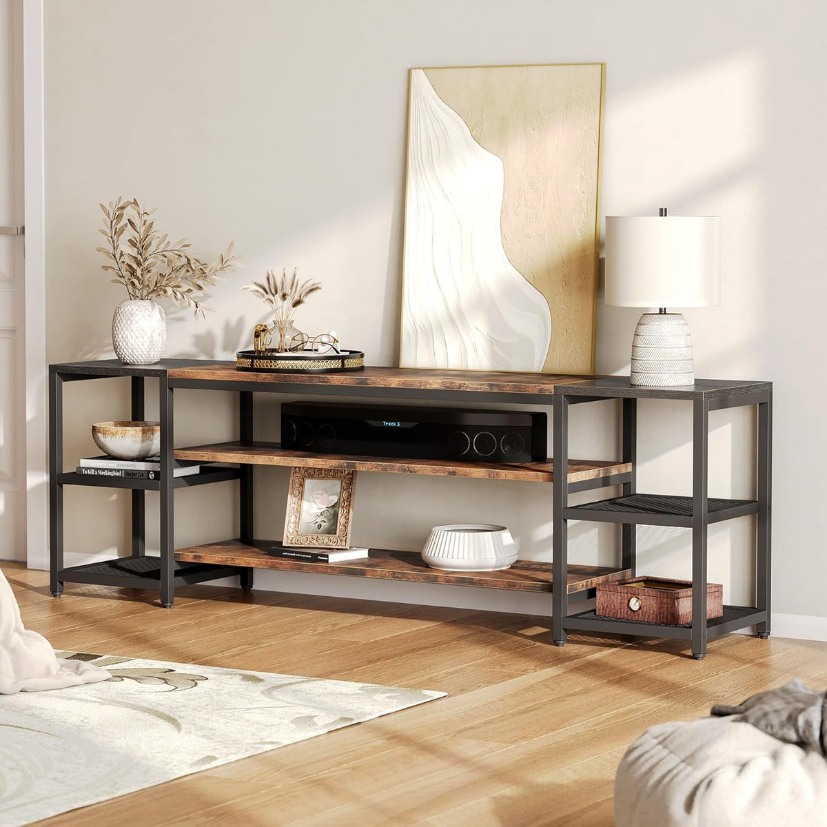 TV Stand For TVs, Extra Long With 3 Tier Ventilated Shelves - Rustic Brown