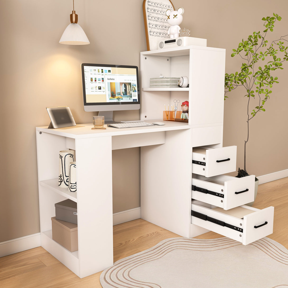 White Computer Desk with 4-in-1 Socket and Storage Options