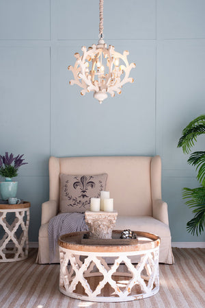 6 Light White Wood and Iron Chandelier with Adjustable Chain