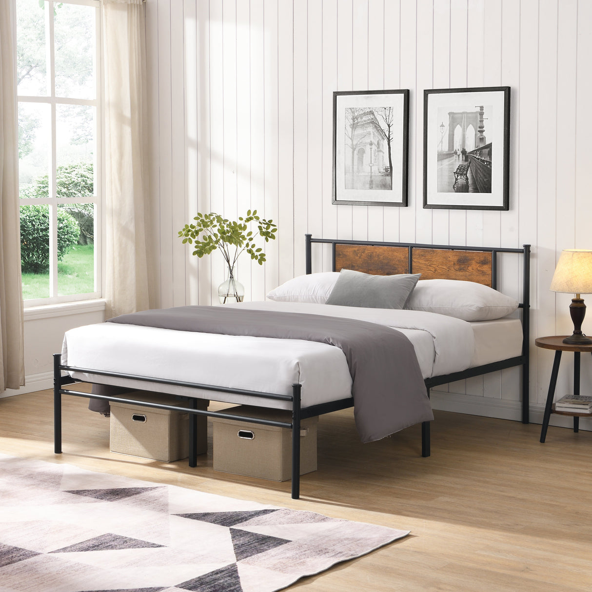 California King Bed Frame - Stylish Design with Wood Panel Headboard