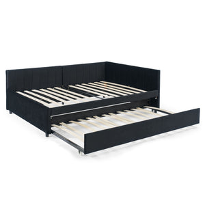 Full Size Upholstered Daybed With Trundle, Tufted Backrest And Armrests - Black