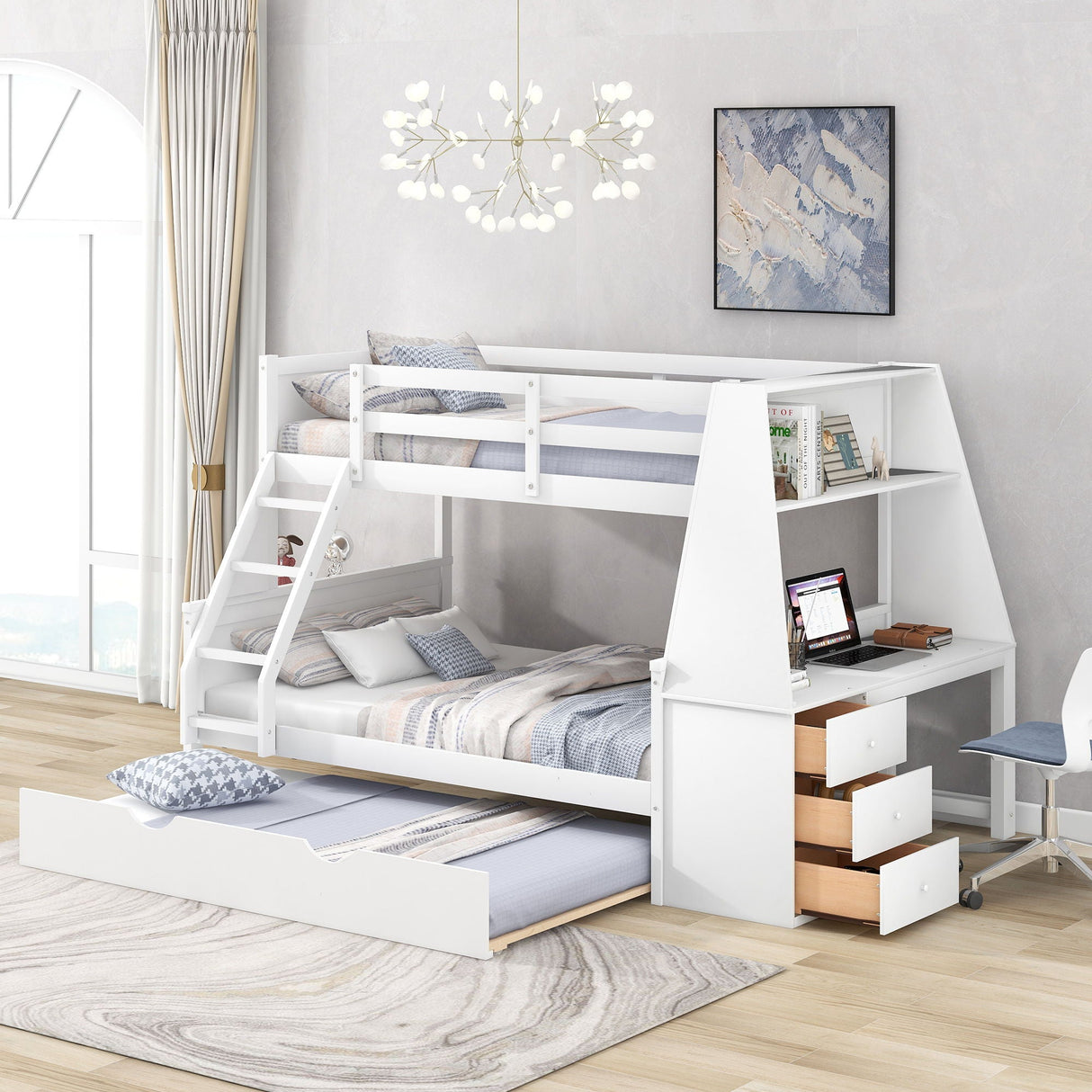 Bunk Bed With Trundle And Built In Desk, 3 Storage Drawers And Shelf