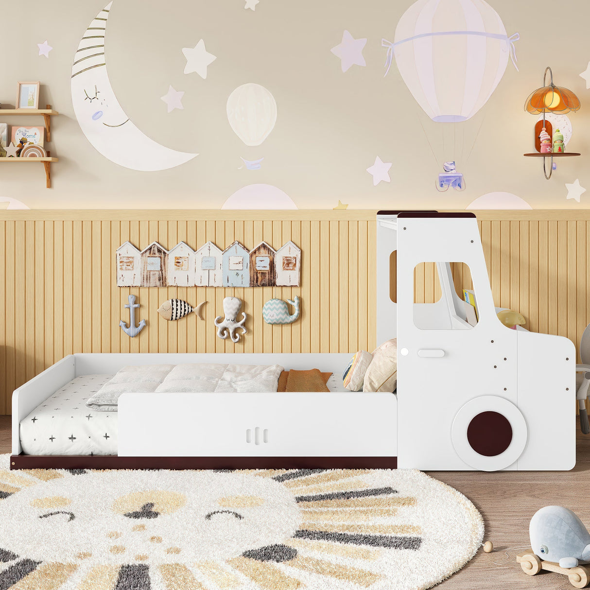 Twin Size Car-Shaped Floor Bed with Storage for Kids