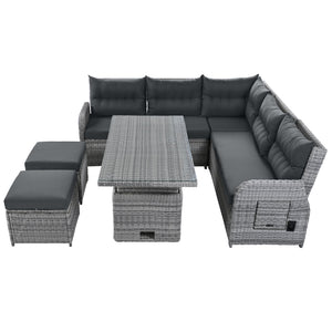 Outdoor Furniture Set Patio Rattan Furniture with Adjustable Table, Recliners, Side Tables, Ottomans