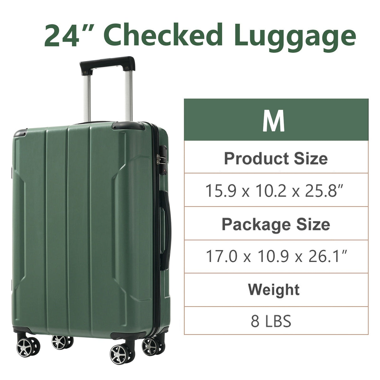 Lightweight Durable ABS Hardshell Luggage - 24-Inch (Green)