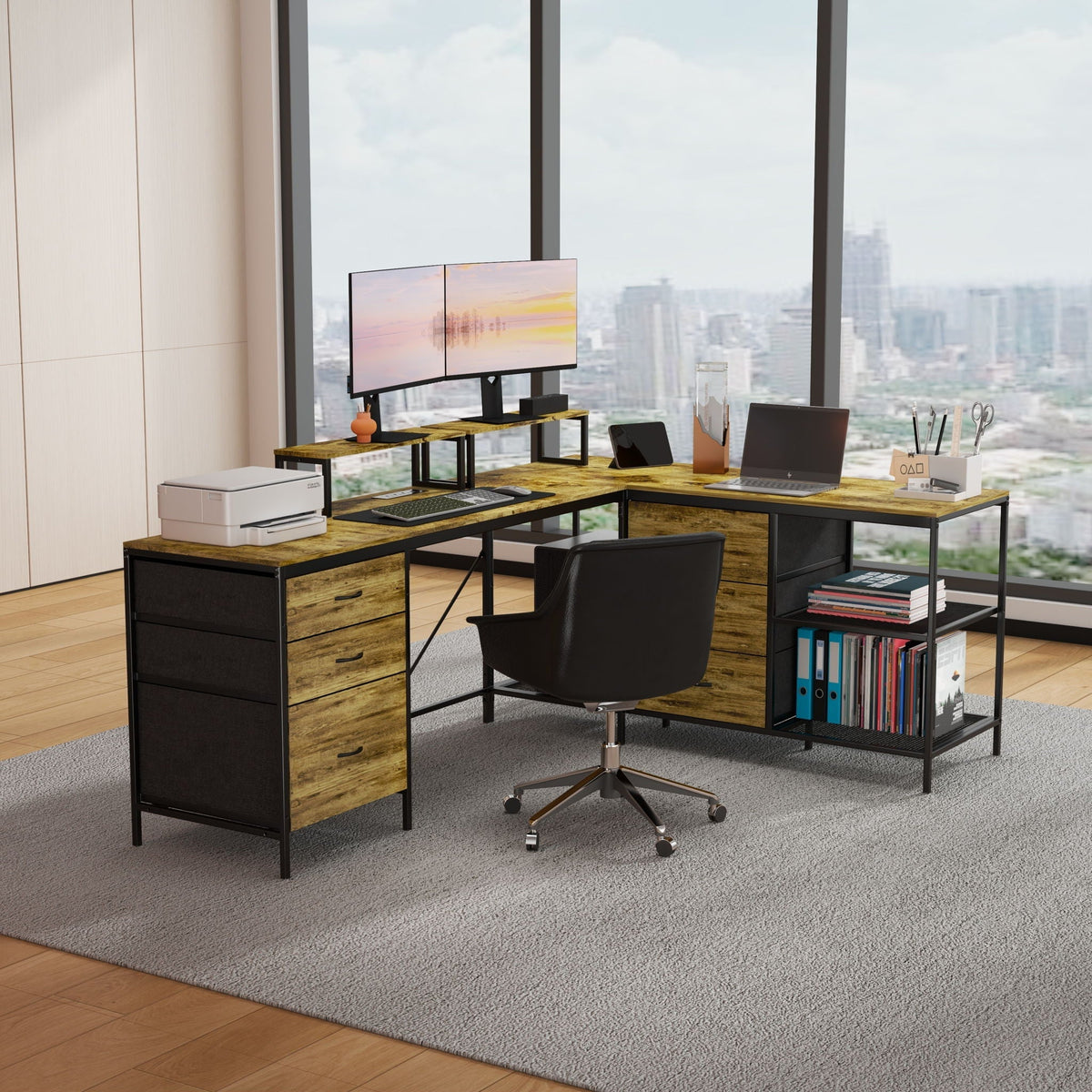 Industrial L Shaped Desk With Power Hub With 6 Drawers And Adjustable Monitor Stands - Brown