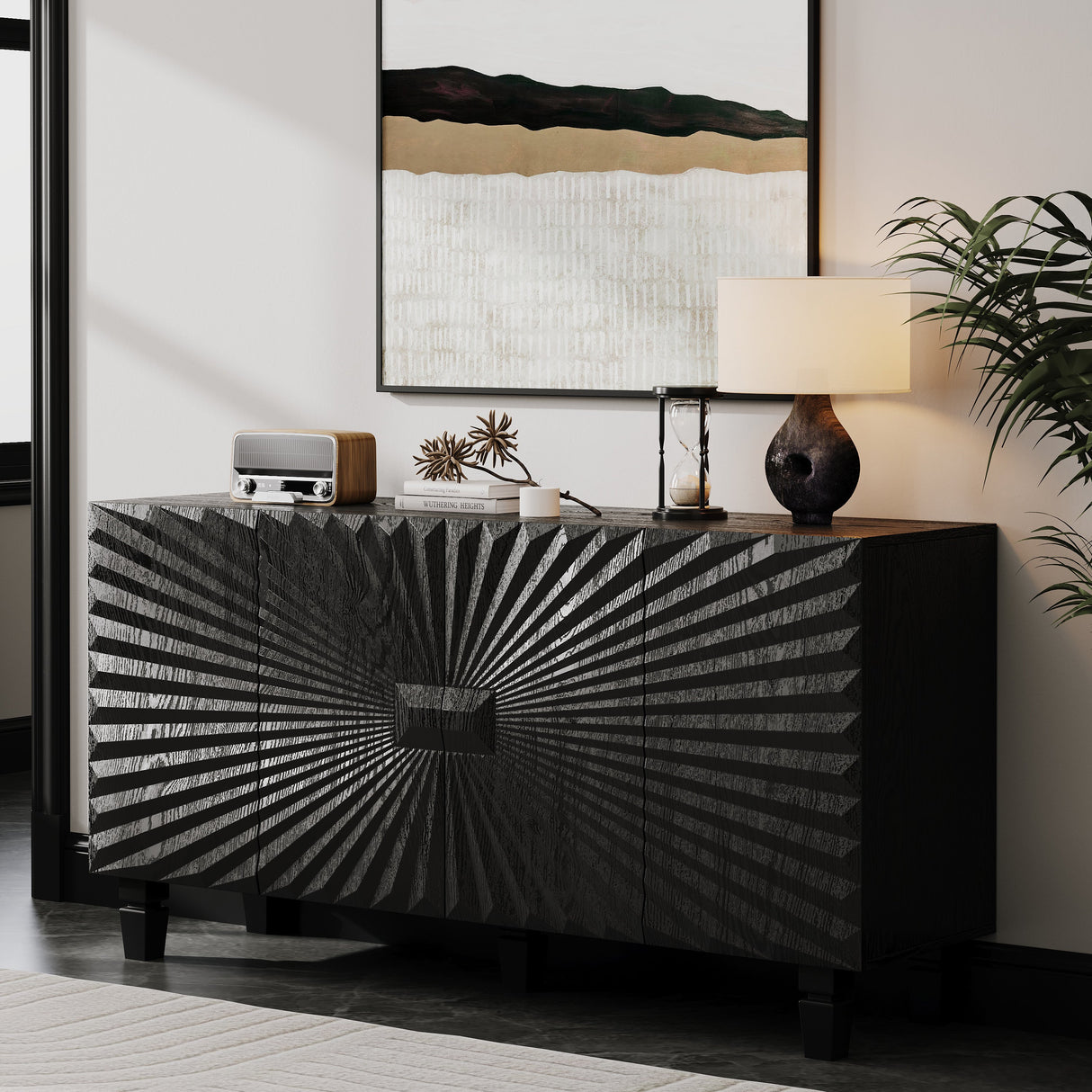 59'' Modern Buffet Sideboard with 4 Sunburst Doors