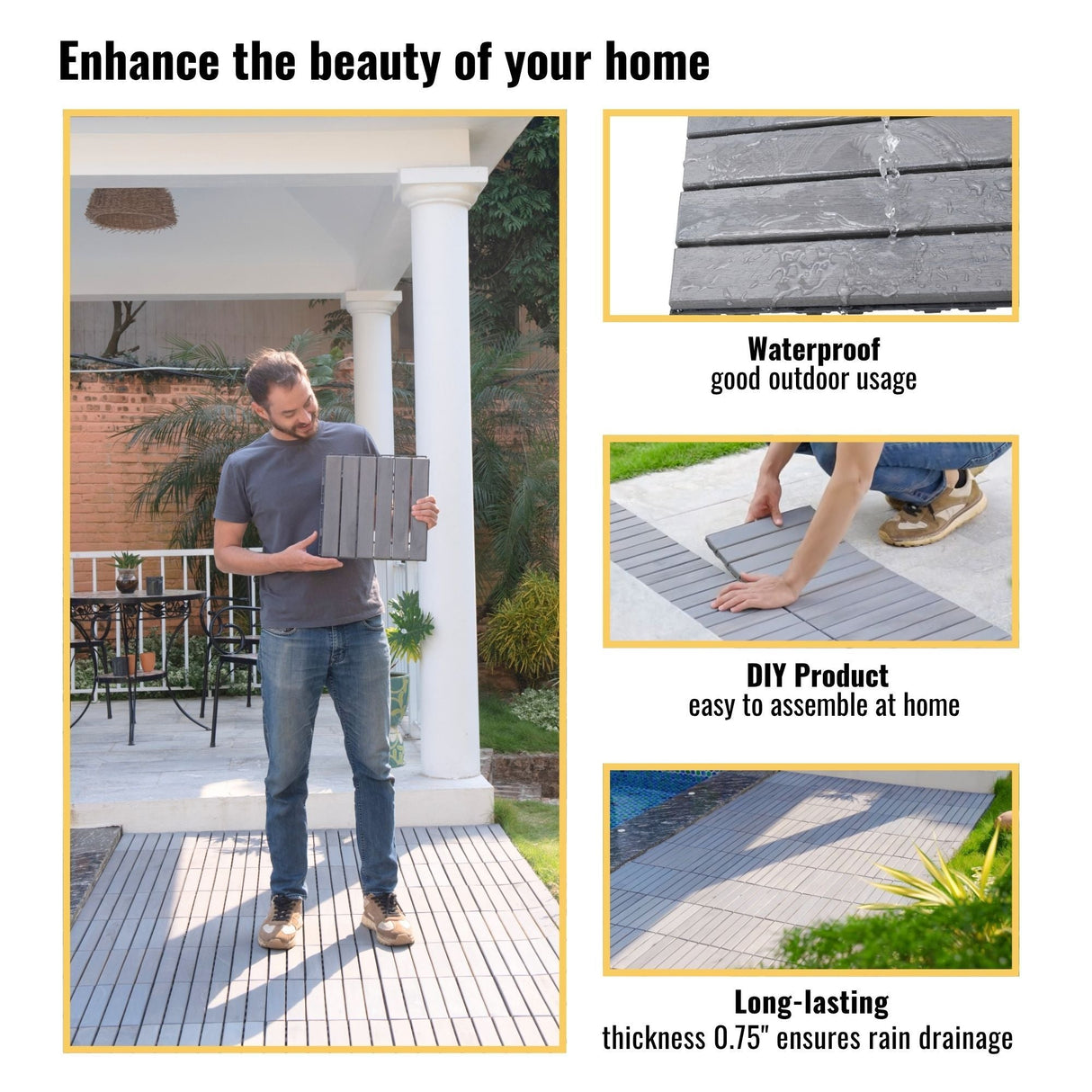 Interlocking Deck Tiles Striped Pattern, Waterproof Anti Mildew Brown