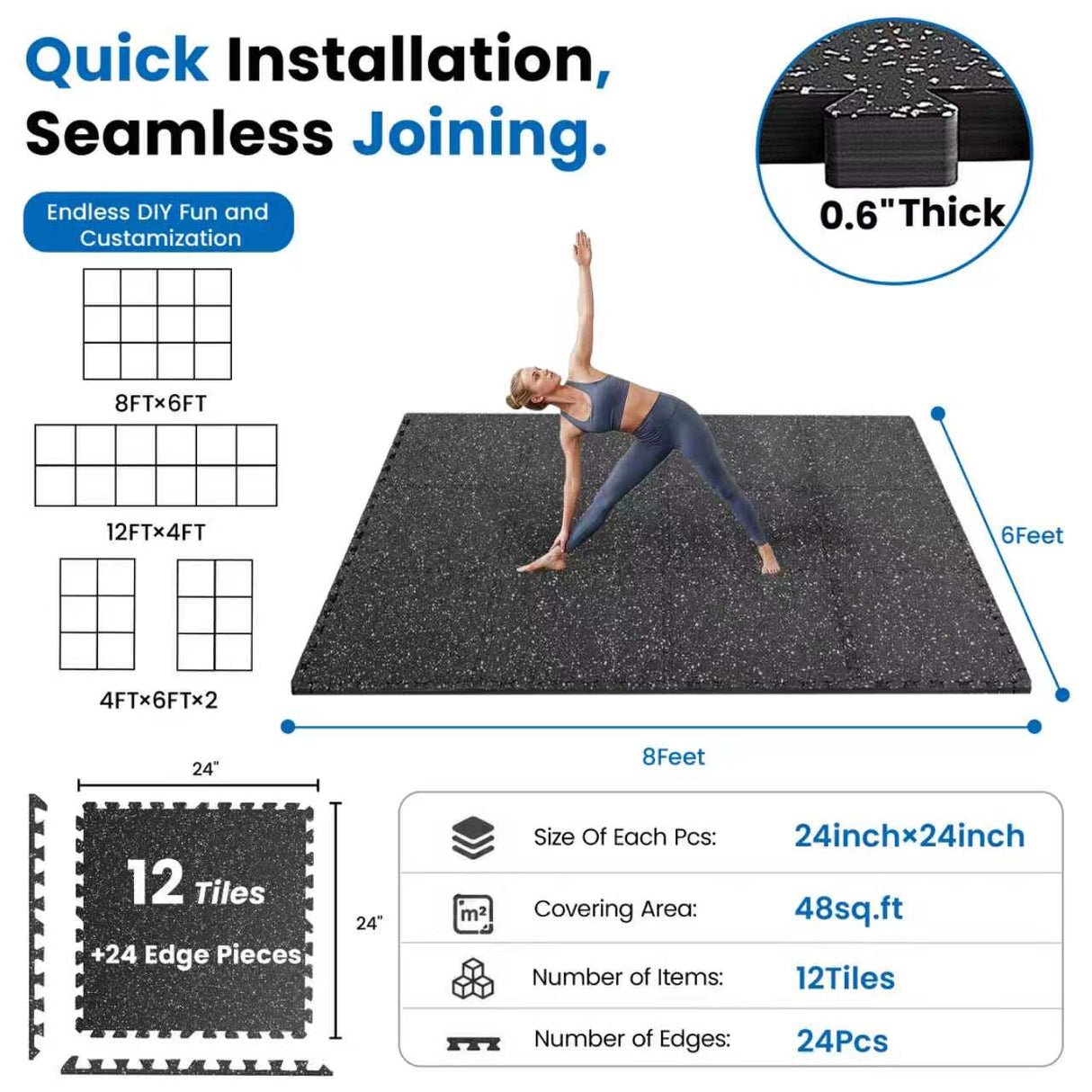 0.6 Inch Thick Interlocking Gym Floor Mats