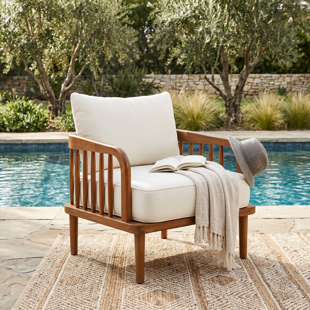 Acacia Wood Outdoor Patio Chair with Vertical Slatted Arms