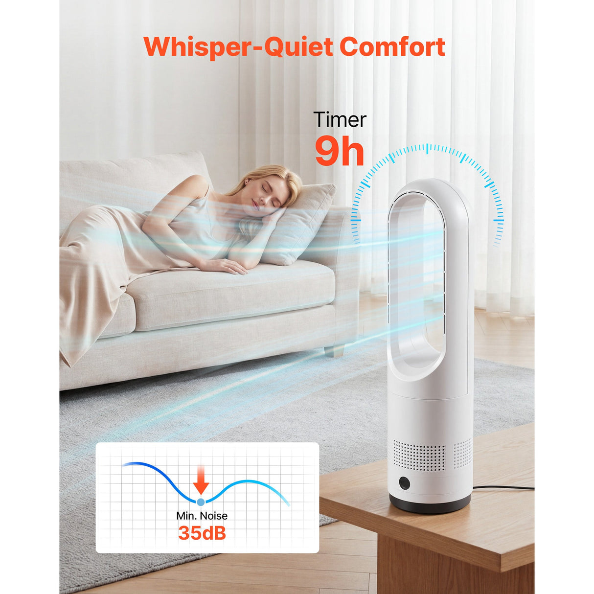 Bladeless Tower Fan, 80° Oscillating Standing Fan with Remote