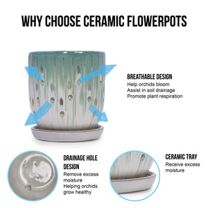 Set of 2 Ceramic Flowerpot with Drainage Hole, 8' Modern Planter for Patio, Garden, Windowsill - White Green