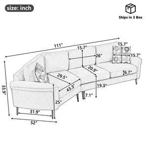 111" Upholstered 3-Seater Sofa with Curved Design and Two Printed Pillows