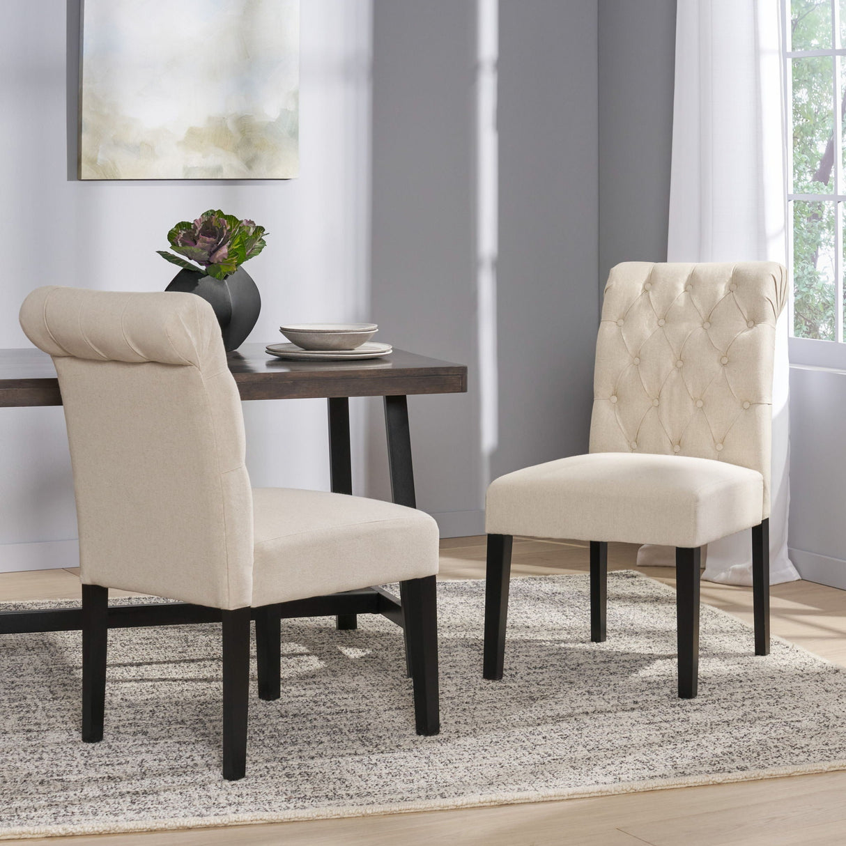 Dining Rolltop Chairs (Set of 2) - Upholstered Armless Chair with Wood Legs in Ivory