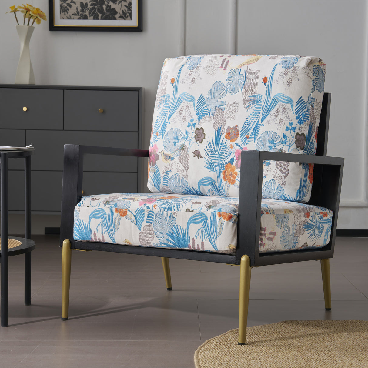 Retro Low Back Floral Print Velvet Accent Armchair with Gold Metal Legs, Blue Floral