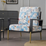 Retro Low Back Floral Print Velvet Accent Armchair with Gold Metal Legs, Blue Floral