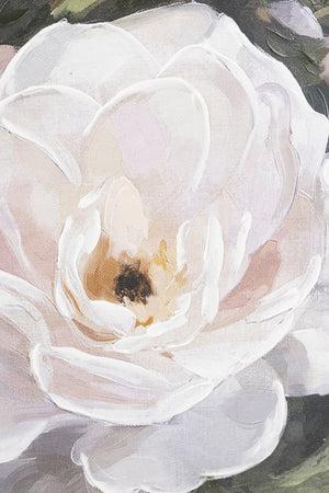 39.4x39.4 Hand-Painted White Rose Canvas Art with Brown Pine Wood Frame