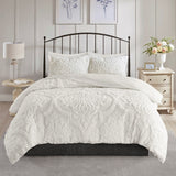 King/Cal King 3 Piece Tufted Cotton Chenille Damask Duvet Cover Set