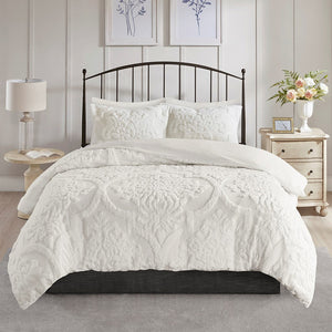 Full/Queen Tufted Cotton Chenille Damask Duvet Cover Set
