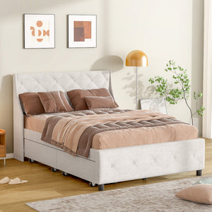 Queen Size Rubber Wood Bed Frame with Storage Headboard & Drawers