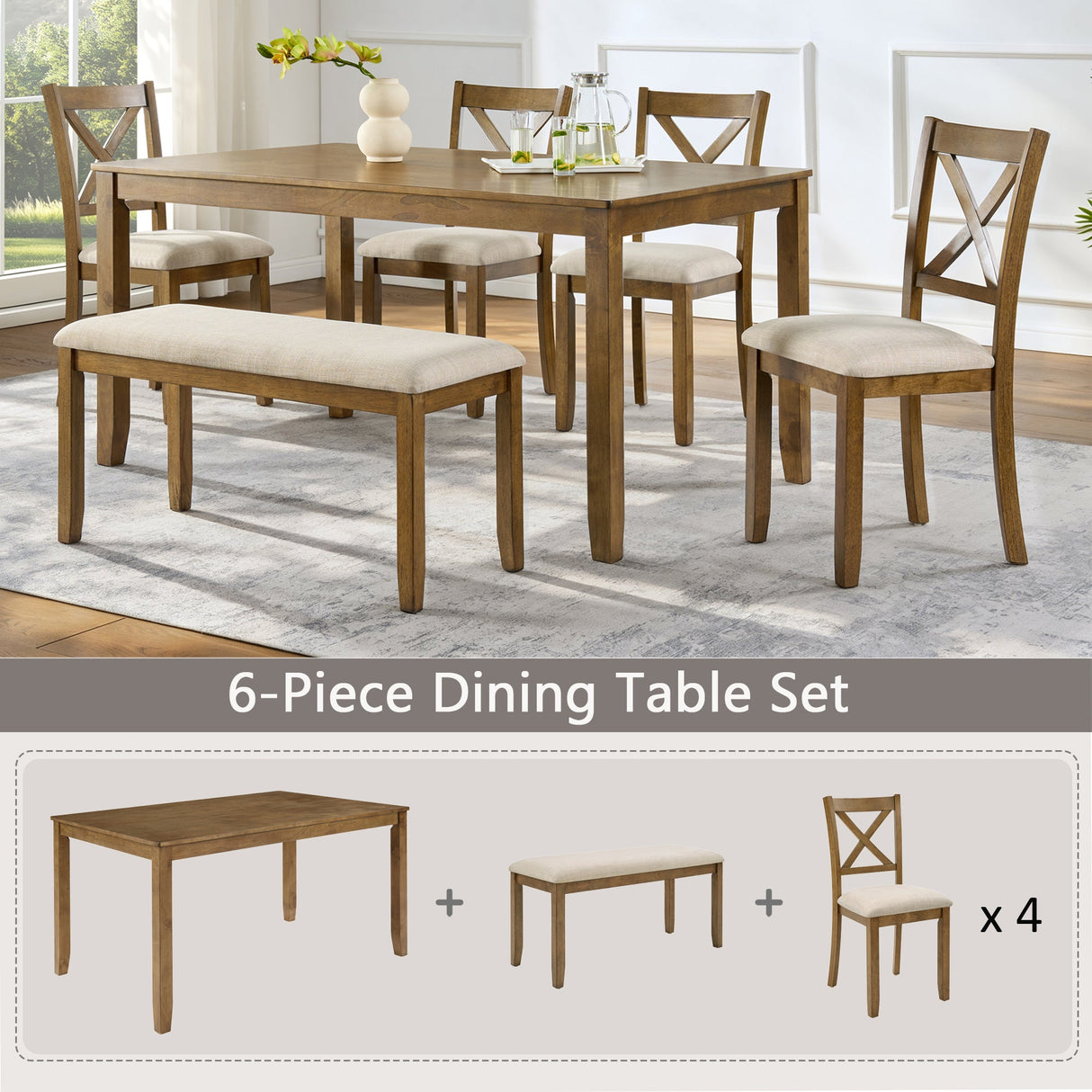 Oak Finish 6-Piece Dining Table Set