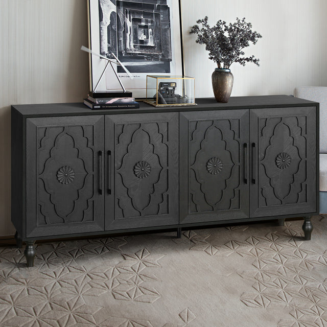 Carved-flower-door-large-storage-cabinet-with-metal-handle-(black)-Buffets