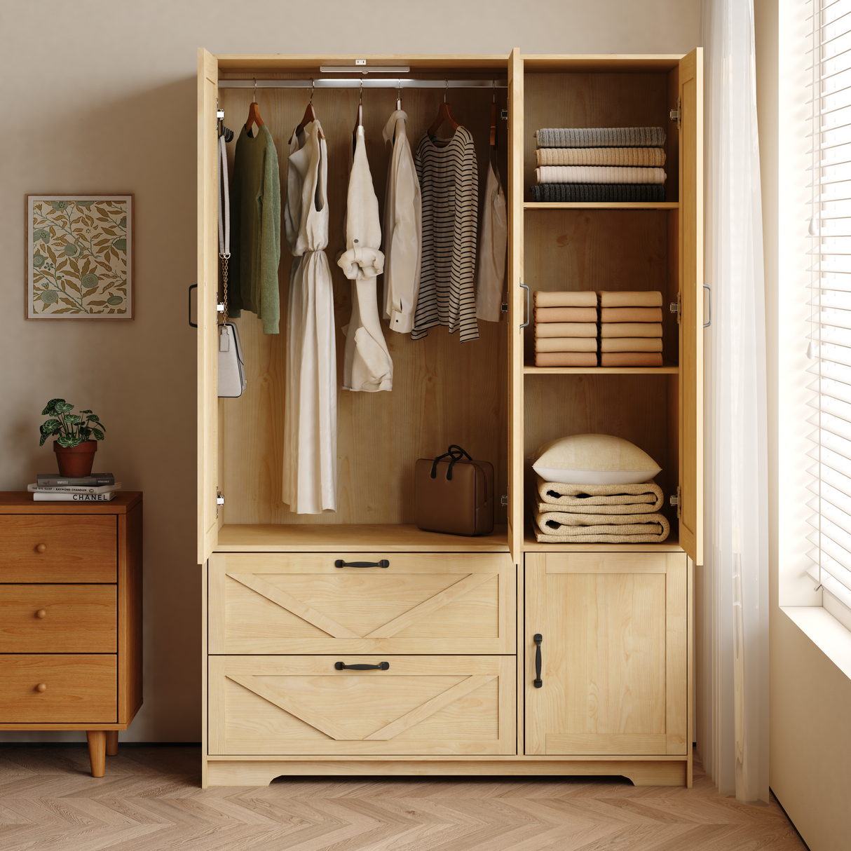 4 Doors Wardrobe Closet with Mirror, LED Lighting & Storage
