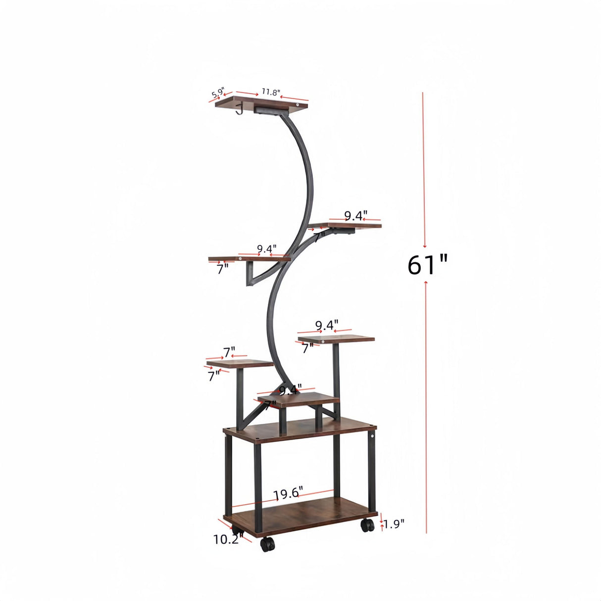 8 Tier Indoor Plant Stand With Grow Lights, S Shaped Metal Shelf For Multiple Plants - Black / Dark Walnut