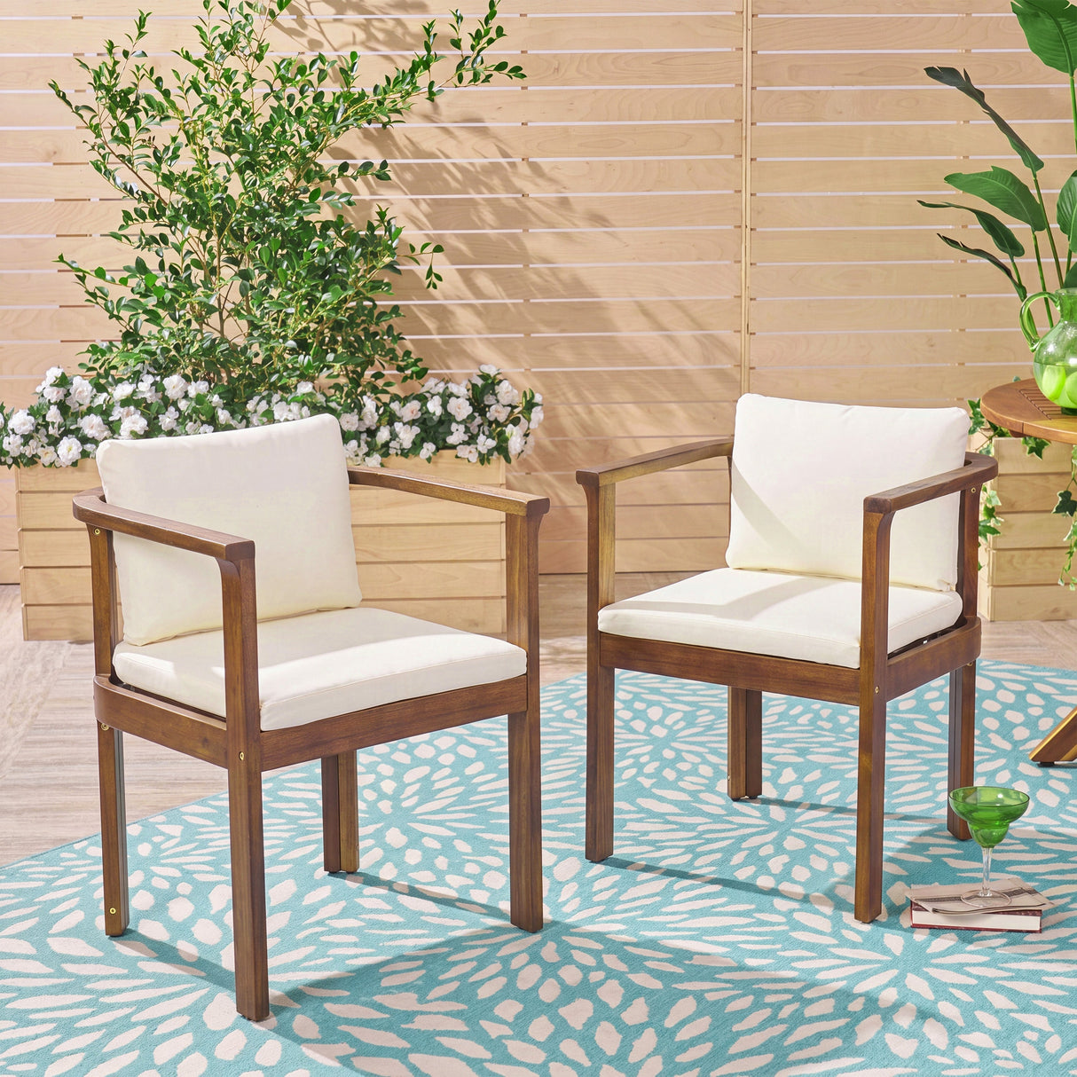 Outdoor Dining Chair Set of 2 with Curved Acacia Wood Arms