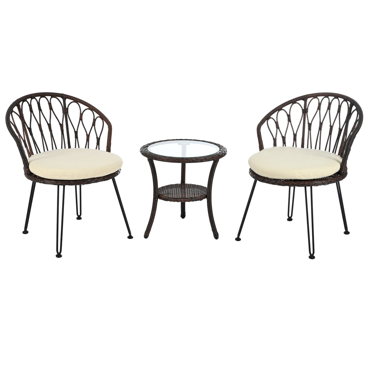 U_STYLE Outdoor Leisure Set, 2 Rattan Single Chairs with Glass Round Table