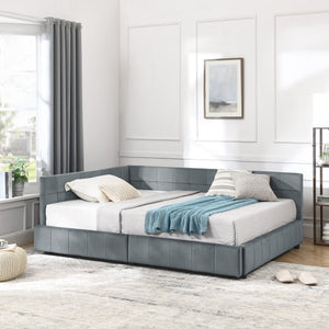 Mid-Century Storage Upholstered Tufted Bed Frame With Backrest And Armrests