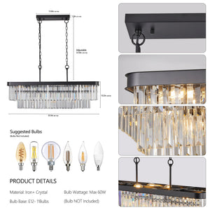 Chandeliers,Rectangular Crystal Chandelier Adjustable,E12 Modern Industrial Crystal Lights,Farmhouse Iron Ceiling Hanging Light for Kitchen Living Room Bedroom/Black(Bulb Not Included)
