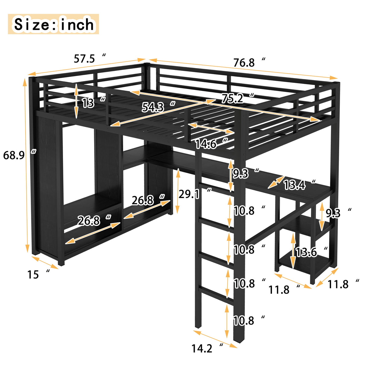 Full Size Loft Bed Frame with Built-in Wardrobe, Metal Loft Bed with Desk and Storage Shelves