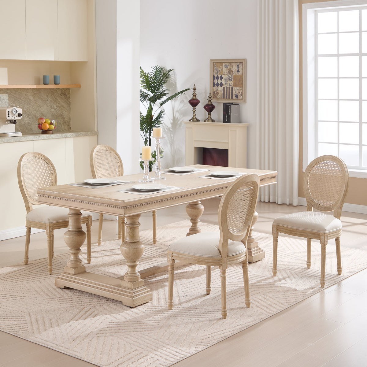 French Country Dining Chairs Set of 2 with Rattan Back - Beige Upholstery
