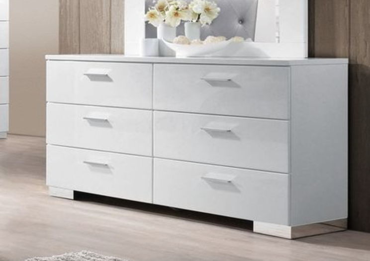 Modern White Dresser with 6 Drawers - High-Gloss Wood Bedroom Storage