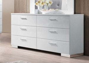 Modern White Dresser with 6 Drawers - High-Gloss Wood Bedroom Storage