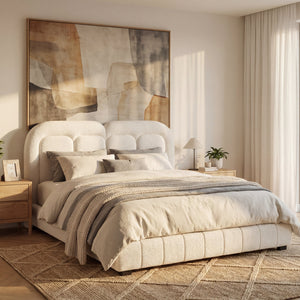Queen Size Boucle Upholstered Platform Bed with Tufted Headboard