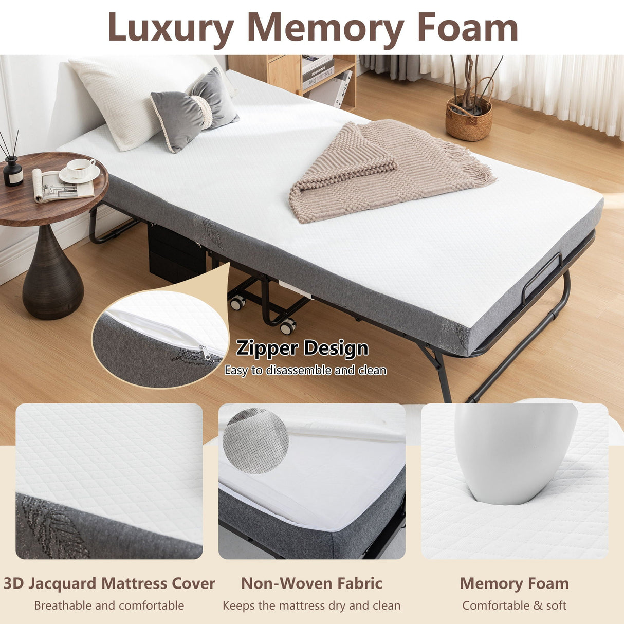 Foldable Metal Frame Bed For Guest With Memory Foam Mattress On Wheels, Saving Space Rollaway Bed
