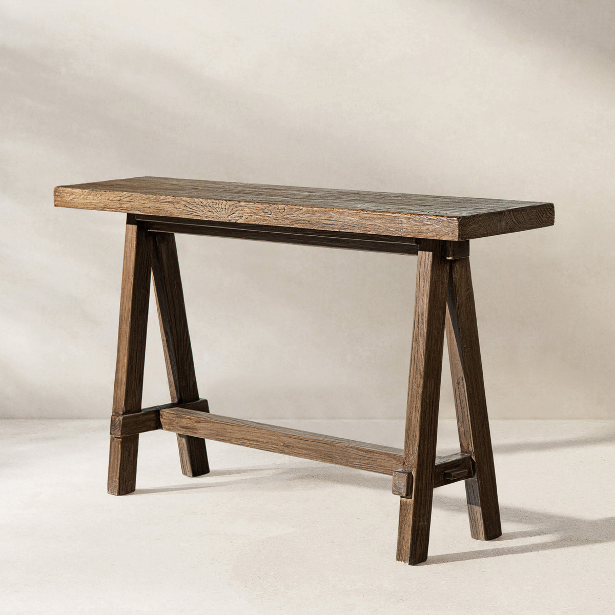 Hawthorne 60' Solid Reclaimed Elm Trestle Console Table, Heritage Medium-Dark Brown