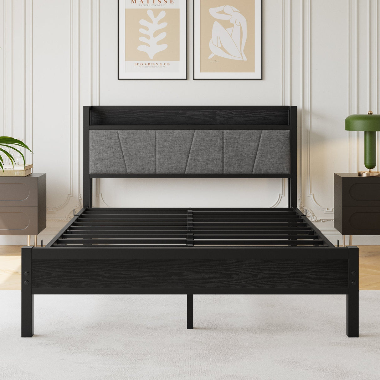 Queen Size Bed Frame with Storage Headboard and Charging Station
