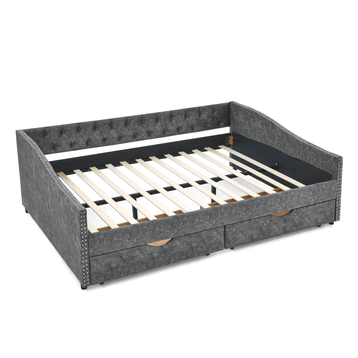 Upholstered Tufted Daybed With Drawers, Waved Arms