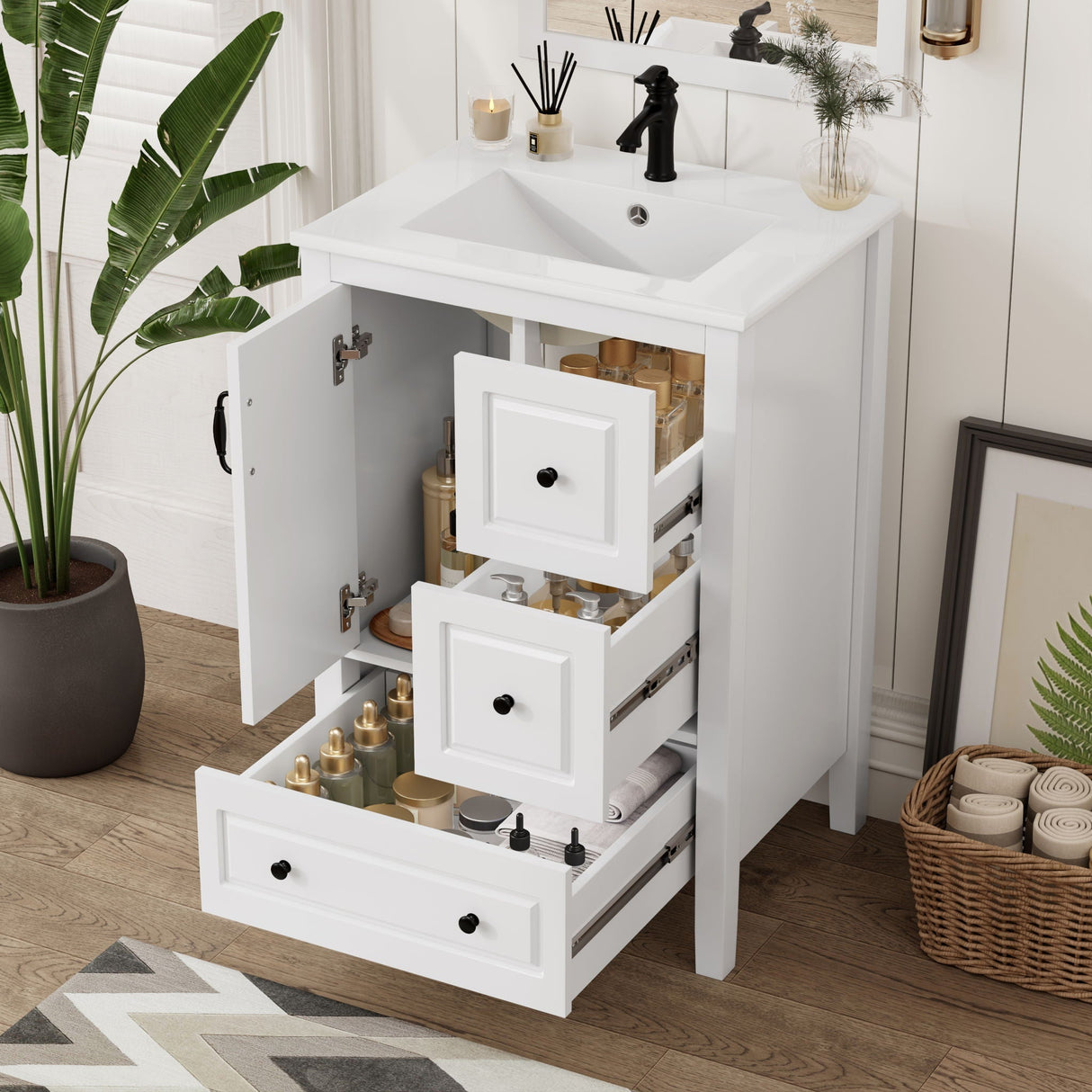Retro Bathroom Vanity with Sink, Soft Closing Cabinet & Drawers
