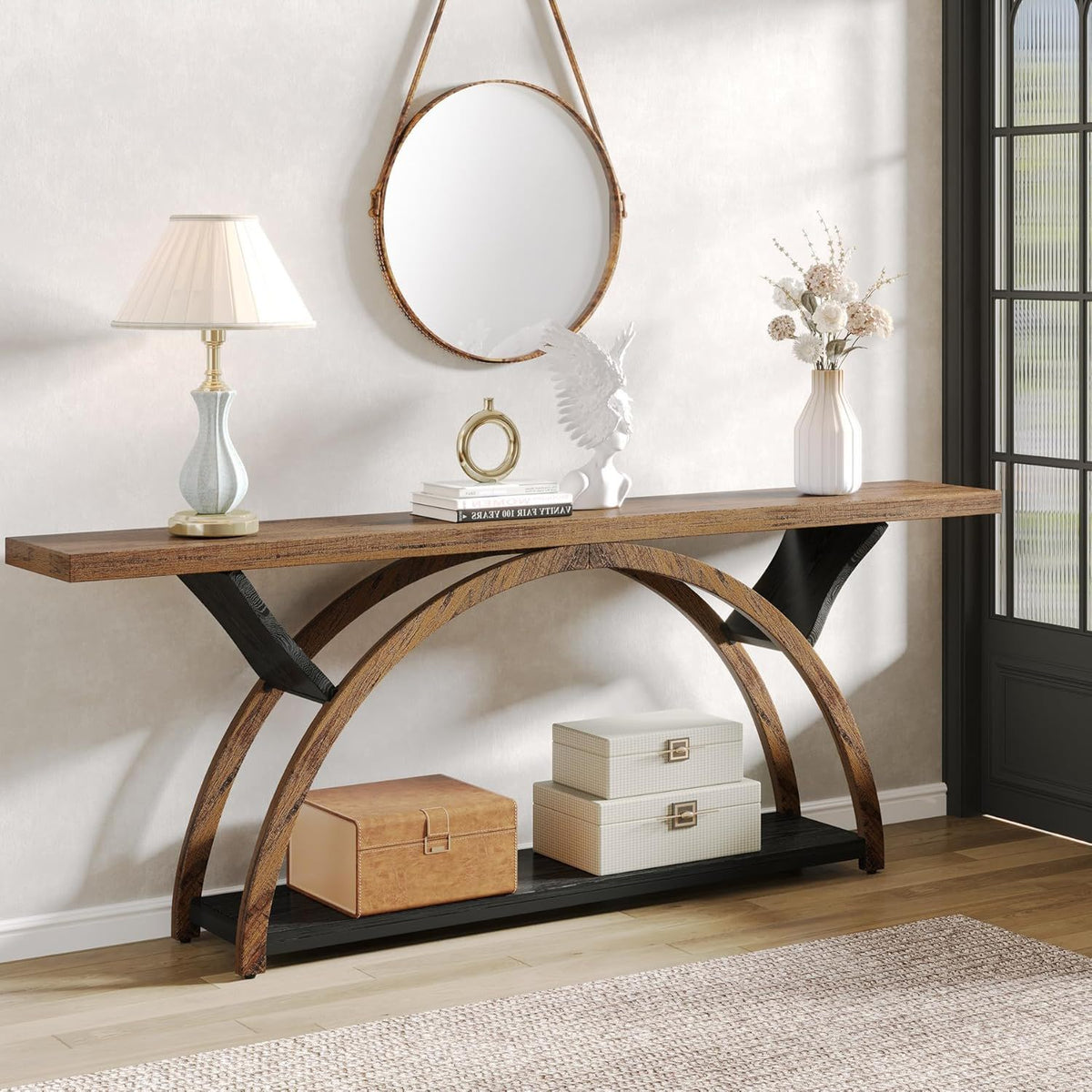 Console Table With 2 Tier Storage And Half Moon Frame For Hallway - Brown / Black