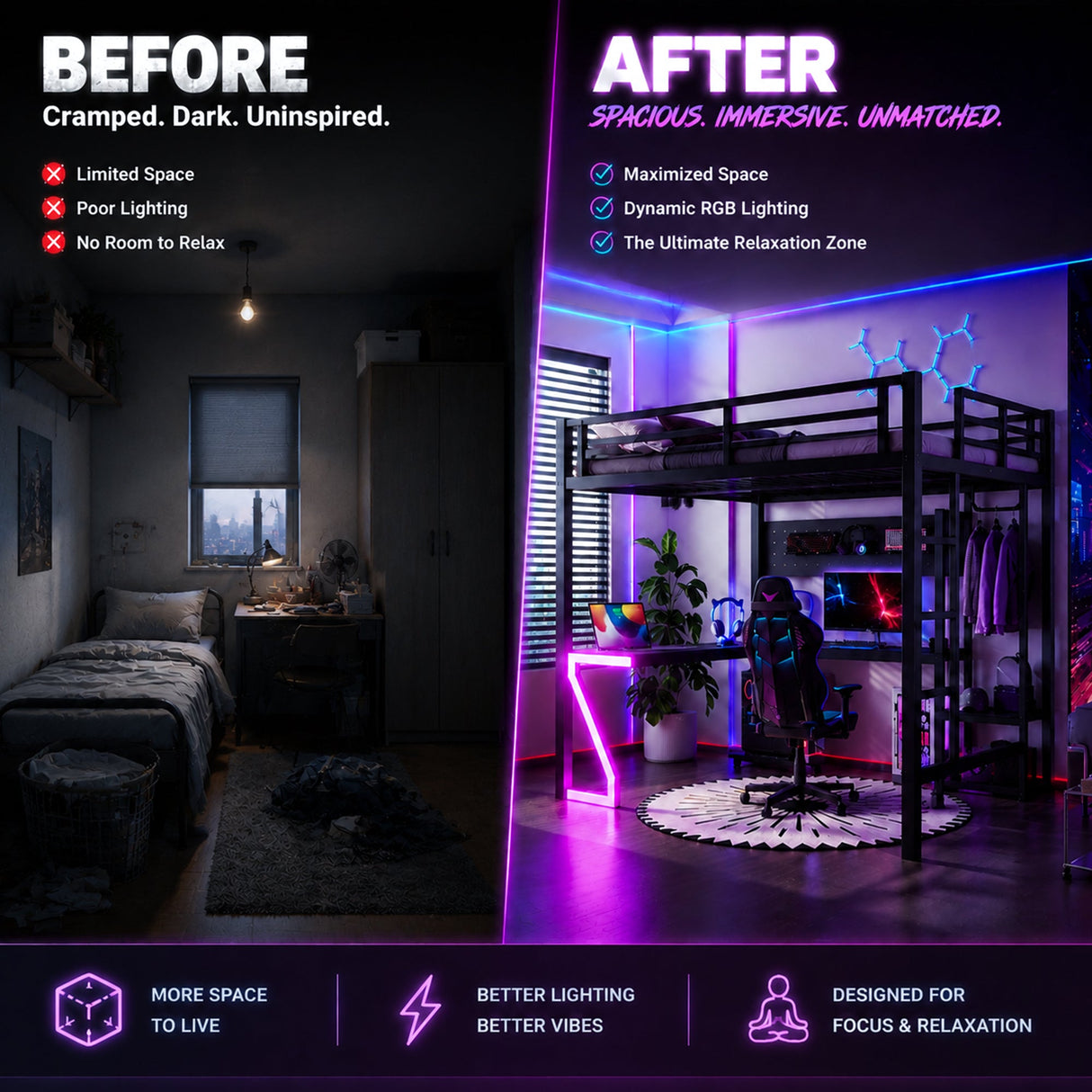 Full Loft Bed with L-shaped Desk and USB Ports